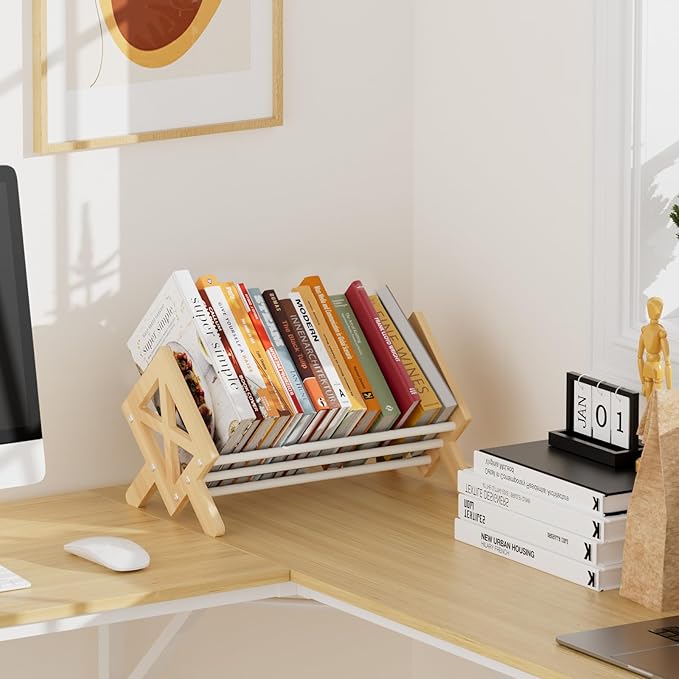 Desktop Bookshelf Organizer, Wood Office Tabletop Book Storage Rack, Tilting Bookcase for Books/CDs/Magazine Display (White)