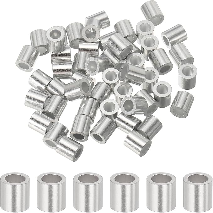 uxcell 3/16"(4mm) Aluminum Crimping Loop Sleeve, Wire Rope Stop Sleeve Round Crimp Ferrules for Wire Rope and Cable Ferrule, Silver 50Pcs