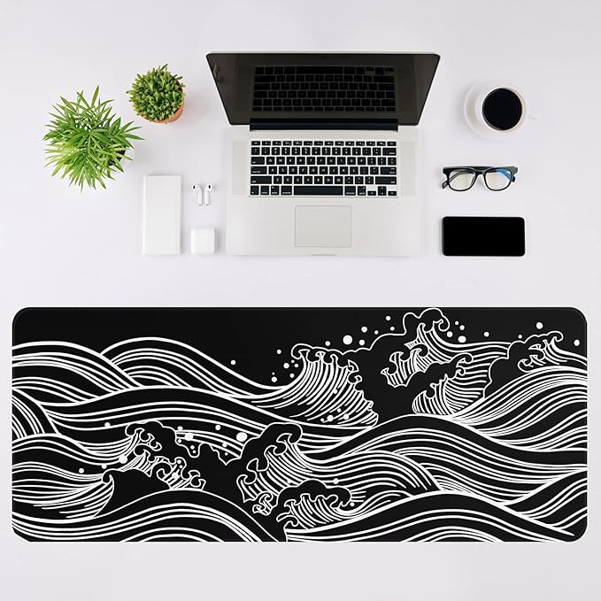 DIGSOM Gaming Mouse Pad - Large 31.5 x 11.8 in Black and White with Stitching Edges, Non-Slip Rubber Base Large Mouse Mat and Keyboard Pad (Sea Wave)