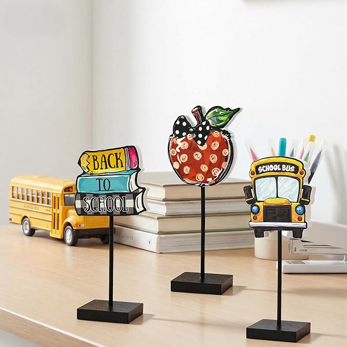 Smile Back to School Wooden Desktop Decor School Bus, Apple & Book Stack Table Signs - Classroom & Home Shelf Accents Gifts for Kids, Teachers