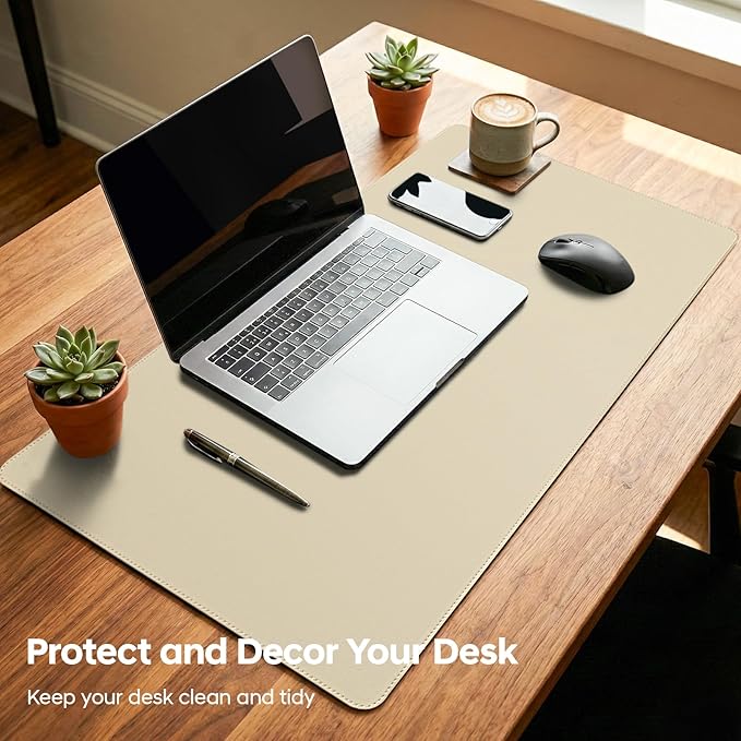 Leather Desk Pad Protector, Office Desk Mat, Large Mouse Pad, Non-Slip PU Leather Desk Blotter, Waterproof Computer Desk Writing Pad for Office and Home (Beige, 23.6" x 13.7")