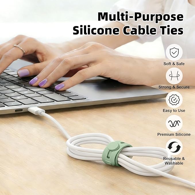 28Pcs Silicone Cable Ties Reusable, Multipurpose Cable Management Organizer, Adjustable Fastening Cable Straps with Locking Buckles, High Elasticity Cord Organizer, Travel Essentials (5.2in, 4Colors)