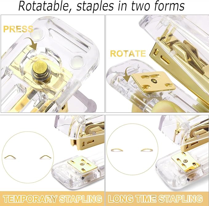 Gawsey Gold Desk Organizers and Accessories Set with 360-Degree Rotating Pen Holder, Acrylic Stapler, Tape Holder, Staple Remover, Binder/Paper Clips Kit, Scissor and 1 Box of Staples
