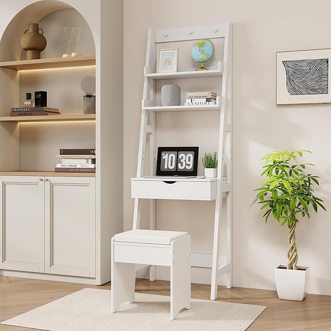 CHARMAID Small Vanity Desk with Mirror, Ladder Makeup Vanity Table with Flip top Mirror, Open Shelves, Hidden Storage Compartments, Compact White Bedroom Dressing Table with Stool for Small Space