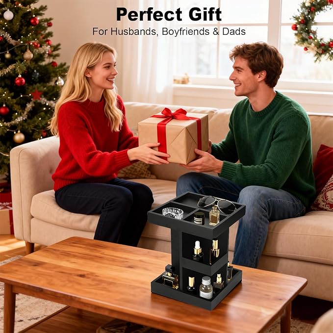 Cologne Organizer for Men, 3-Tier Perfume Stand with 360° Rotation, Wood Cologne Shelf for Desk, Nightstand Organizer, Dresser, Birthday Gifts for Husband Boyfriend, Gift for Dad From Wife (Black)