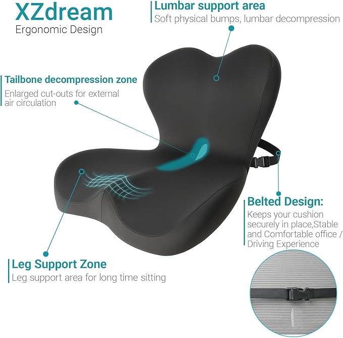 Memory Foam Seat Cushion,Office Chair Cushion with Lumbar Support for Back Pressure Relief, Car Seat Cushion with Adjustable Strap,Sciatica Pad Cushions for Car,Truck, Desk (D-Black)