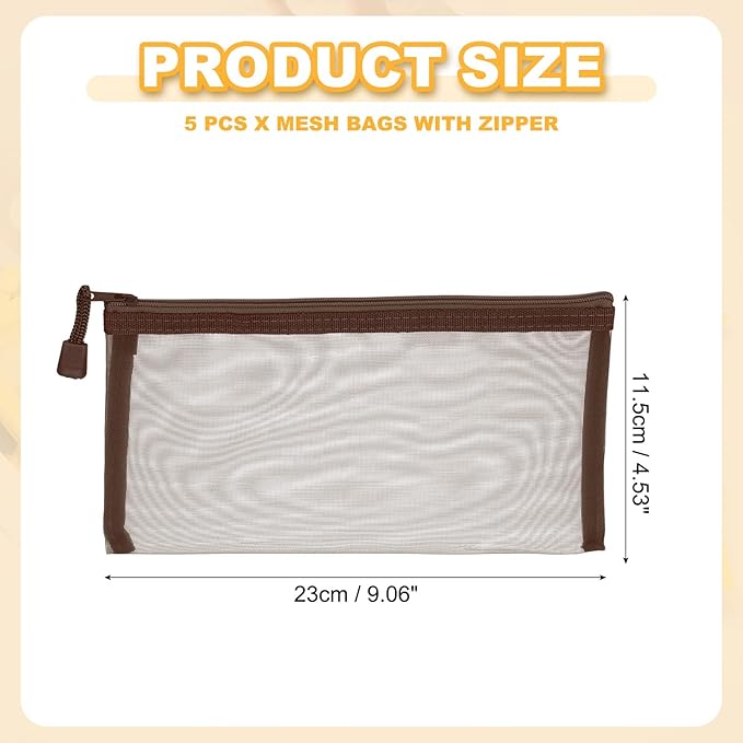 PATIKIL B6 Mesh Zipper Pouch Bags, 5 PCS Mesh Bags with Zipper Plastic Storage Pocket for Organizing File Beads Office Home Supplies, 11.5x23cm, Brown