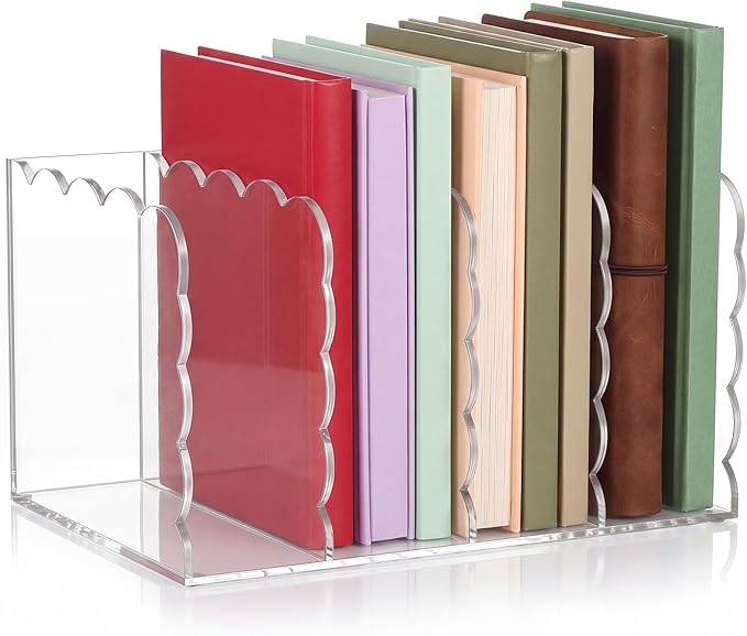 Suzile Scalloped Acrylic Magazine File Holder, 4-Compartment Clear Desk Organizer Vertical Bookends Organization for Office, Binders, Documents, Tablets, Magazines, Books(11.26 x 7.28 x 6.5 Inches)