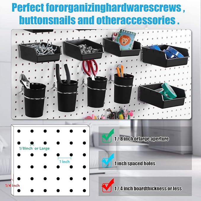 Roowest 60 Pcs Pegboard Cups Pegboard Bins Set, Wall Organizer with Hooks and Loops, Hooks Assortment Organizer Accessory for Office Storage Garage Craft Workshop(Black)