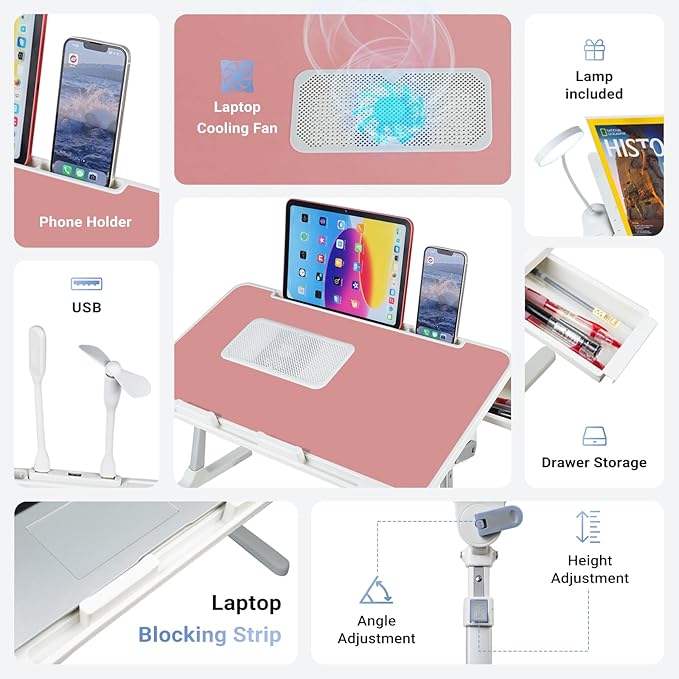 iXTRA Laptop Lap Desk Include Cooling Fan,Adjustable Lap Desk with Light Fan,Folding Laptop Desk for Bed with USB,Bed Desk with Storage Drawer 56x32cm,Pink
