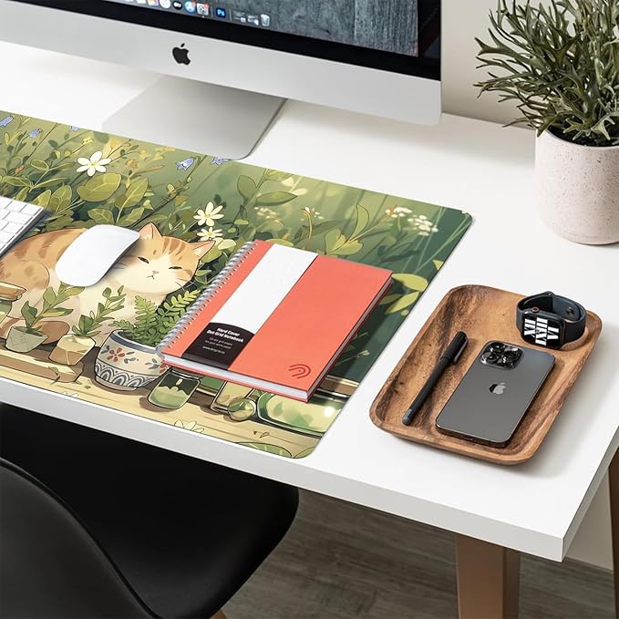 Cute Desk Mat, Kawaii White Cat Large Mouse Pad for Desktop, PU Leather Waterproof Desk Pad, Anti-Slip Computer PC Laptop Protector Gaming Mouse Pads for Office Home Decorations (31.5" x 15.7")