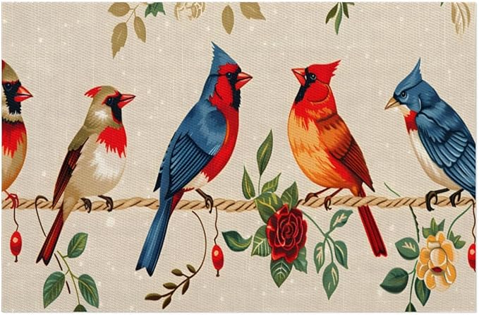 Placemats Set of 4 Heat-Resistant Rectangle Place Mats Retro Bird Cardinals Washable Plastic PVC Dining Table Mat Non-Slip Wipeable Woven Vinyl Placemat for Kitchen Patio Table Decor