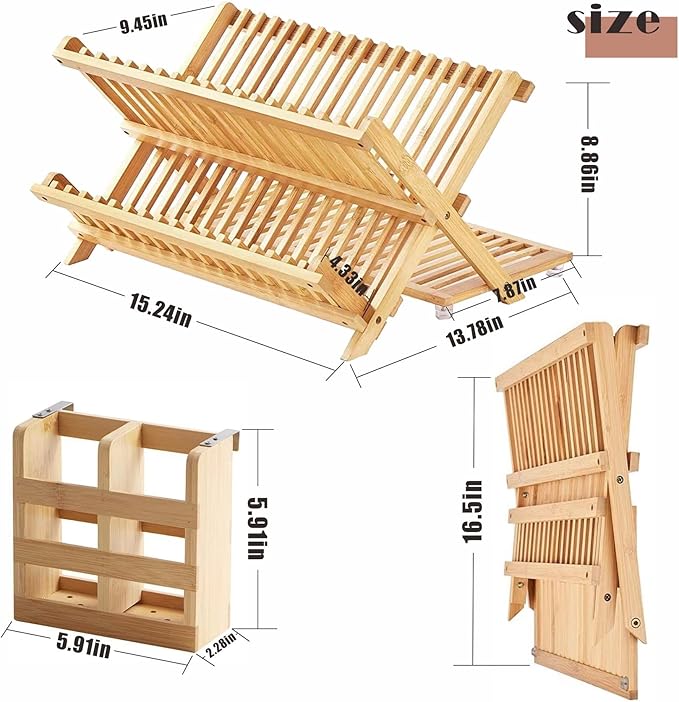 Bamboo Dish Drying Rack with Utensil Holder Set,3-Tier Collapsible Wood Dish Drying Rack for Kitchen,Folding Bamboo Drying Rack with Utensils Flatware Holder,Space-Saving Storage