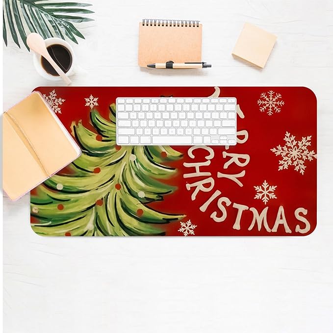 Christmas Desk Mat, Xmas Tree Merry Christmas Large Mouse Pad for Desktop, PU Leather Waterproof Desk Pad, Computer PC Laptop Protector Gaming Mouse Pads for School Office Home 23.6" x 11.8"