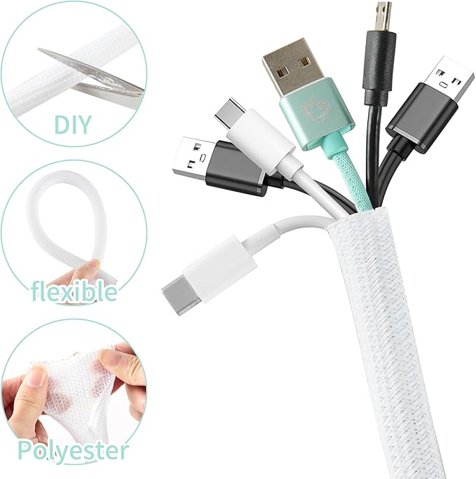 Split Wire Loom 1/4 Inch 100ft, Braided Cable Sleeve for Cable Management, Cord Protector for Pets, TV, Desk & Automotive, White