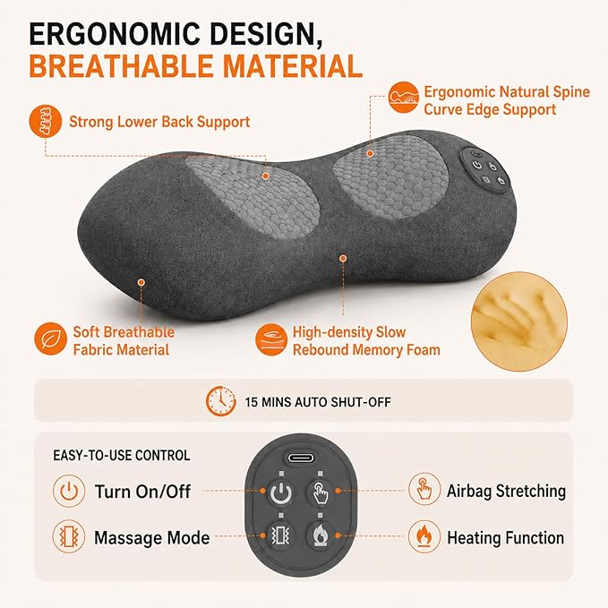 Upgraded Cordless Lumbar Support Pillow for Pain Relief Deep Tissue, 3-in-1 Heated Lower Back Massager Pillow with 3000mAh Battery, Heat, Massage, Electric Stretch, Back Support Pillow for Chair Car