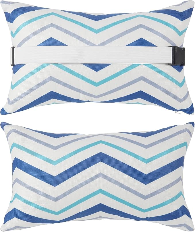 Outdoor Pillow for Chaise Lounge Chair, 2pcs Chaise Lounge Pillows Lumbar Pillows with Insert and Adjustable Elastic Strap for Patio Beach Office Chair, Blue White Stripe