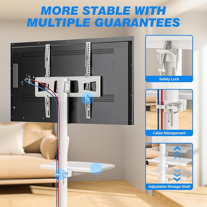 Rolling TV Stand with Shelf for 23-65/32-85 inch TVs up to 88lbs, Portable Mobile TV Cart with Silent Wheel, Tilt & Height Adjustable Universal Corner TV Stand for Bedroom, Living Room (White, 23-65")