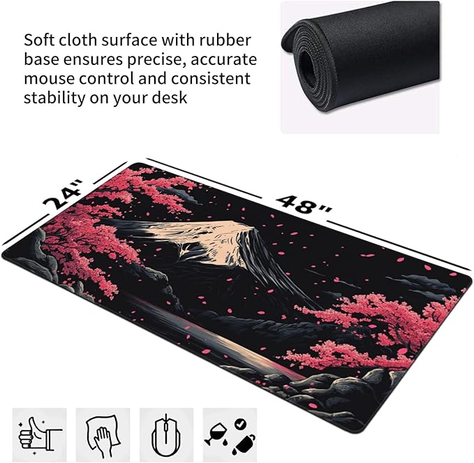 Extra XXXL Japanese Cherry Blossom Gaming Mouse Pad, Watercolor Mouse Pads Keyboard Mat, Stitched Edges Mousepad, Non-Slip Rubber Base Desk Mat for Office & Home (48x24 Inch)