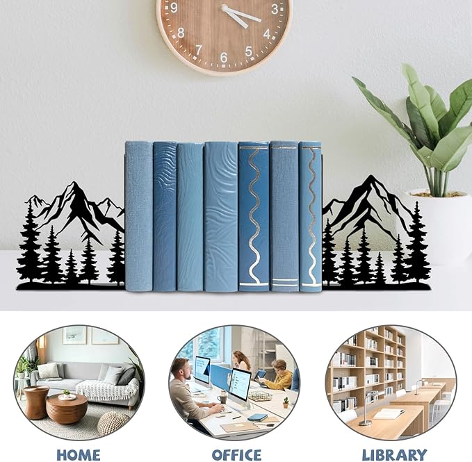 Metal Bookends Mountain Bookends Decorative Modern Book Ends for Shelves Bookshelf Home Office Desk Decorative Shelf Stoppers for Books Space-Saving Desk Organizer