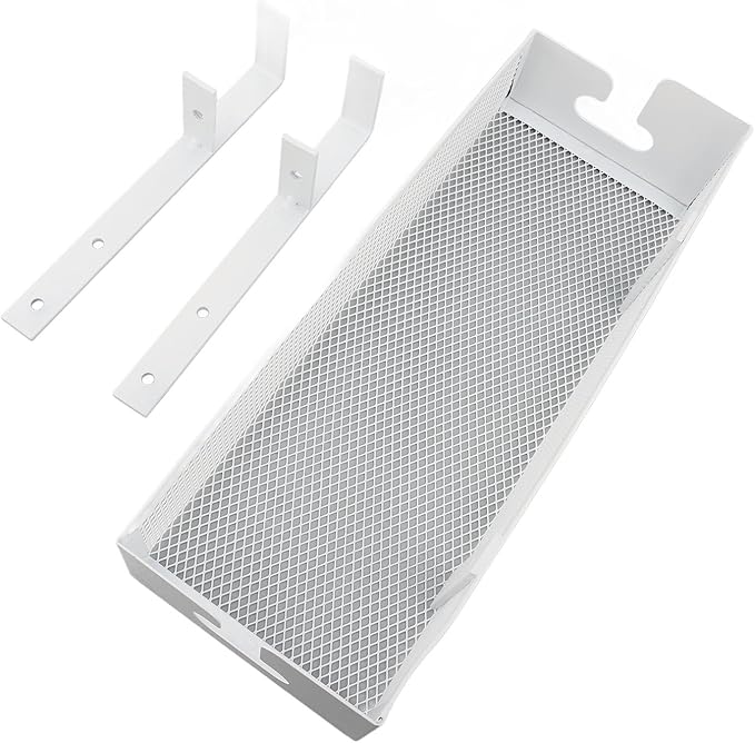 Under Desk Cable Management Tray, Mesh Cable Organizer Box with Clamp Mount for Office Home, No Drill Installation, Sturdy Carbon Steel, White