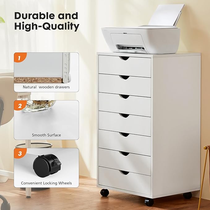 OLIXIS 7 Drawers Rolling File Cabinet, Mobile Under Desk Storage Cabinet with Wheels, Sturdy Printer Stand Organizer for Home Office, Living Room, Workplace, White