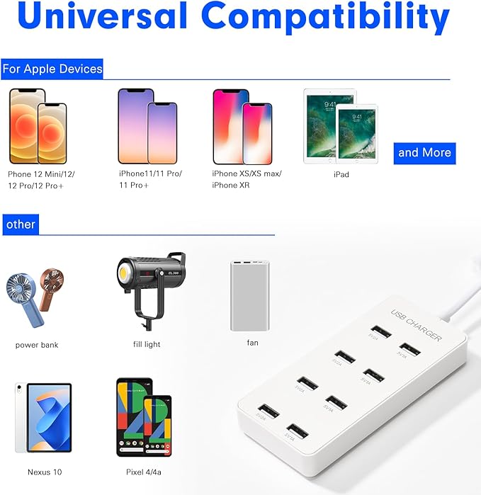 USB Wall Charger USB Charging Station for Multiple Devices 8-Ports Charging Hub Strip Smart Charger Block Compatible with iPhone, Galaxy, iPad Tablet, and Other Devices（White）