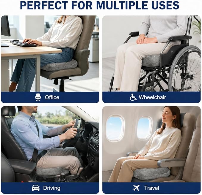Seat Cushion for Long Sitting, Cooling Gel Memory Foam Seat Cushion - Back, Sciatica, Coccyx, Tailbone Pain Relief - for Office Chairs, Car Seat, Wheelchair Sitting Cushion (Grey)
