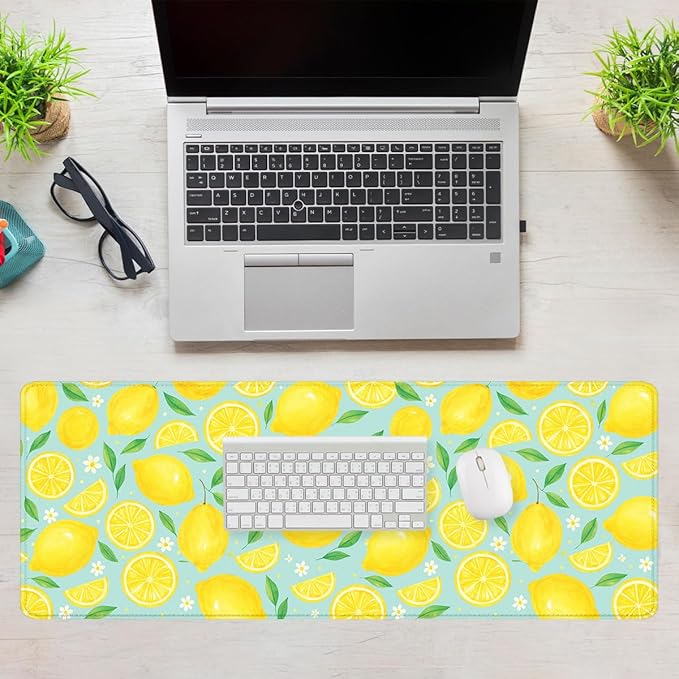 Lemon Desk Pad Mouse Pad Summer Yellow Watercolor Fruit Extended Gaming Mouse Pad Mat with Stitched Edge Non-Slip Base Big Mousepad 31.5"x11.8"