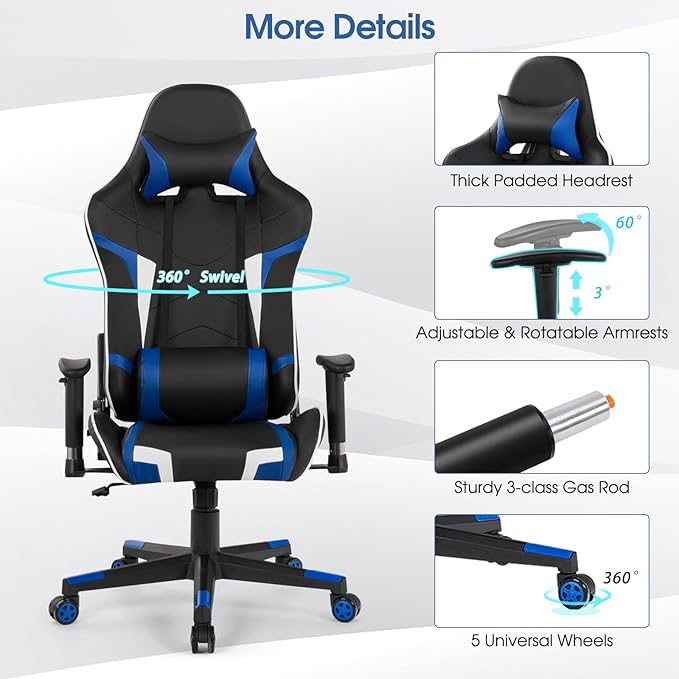 Tangkula Gaming Desk and Chair Set, Ergonomic Gamer Desk & Racing Chair Set Cup Holder, Headphone Hook, Handle Rack & Monitor Stand, Massage & Headrest, Home Office Computer (Blue)