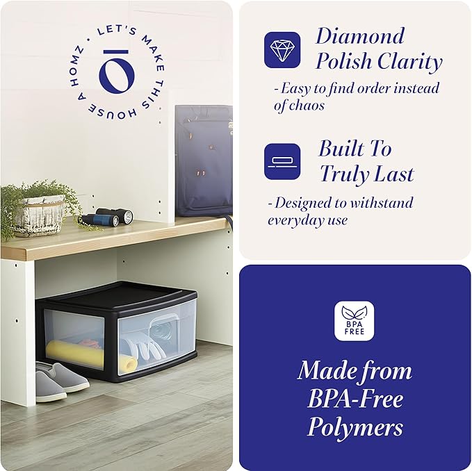 HOMZ 2-Pack 1-Drawer Storage Cart, Clear Plastic Container, 15" Wide Body, Black Frame - Organizing Drawer Containers for Home, Bathroom, Bedroom, Office, and Classroom