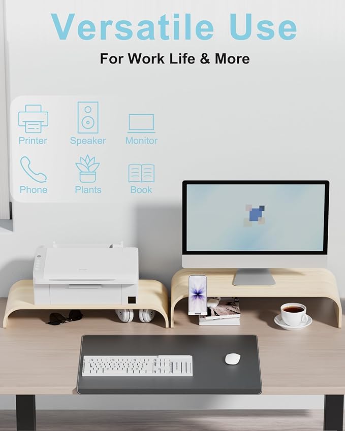 Wood Dual Monitor Stand Riser, 2-Tier Computer Monitor Riser with Phone Holder, Desktop Organizer Shelf for 2 Monitors, Laptop & Printer, No Assembly, Max Load 110lbs, One-Piece Curved Design