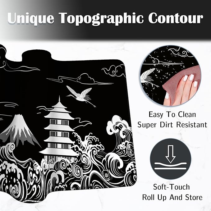 Japanese Dragon Large Gaming Mouse Pad, Black Mouse Pad Gaming 31.5 x 11.8 in, Large Desk Mat, Keyboard Mousepad with Non-Slip Base Stitched Edge for Desk Home Office