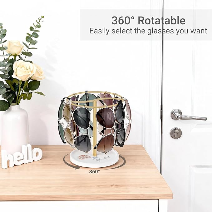 Mkono 360° Rotating Sunglasses Organizer Eyeglasses Holder Stand Metal Frame with Wood Base Tray Storage Display Rack for up to 12 Pairs of Eyewear for Table Dresser Desk Bedroom