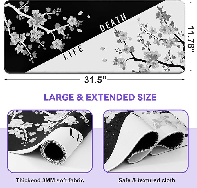 DIGSOM Mouse Pad Gaming Keyboard Pad 31.5 x 11.8 in Gaming Mouse Pad with Anti-Slip Rubber Base and Stitched Edges, Japanese Life Death Keyboard Mat(Black with White Cherry Blossom)
