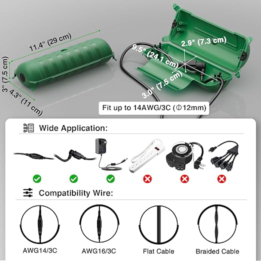 Flemoon Outdoor Extension Cord Safety Cover with Large Housing and IPX4 Waterproof Seal, Weatherproof Electrical Box for Outdoor Plugs and Power Cable Connections, Green