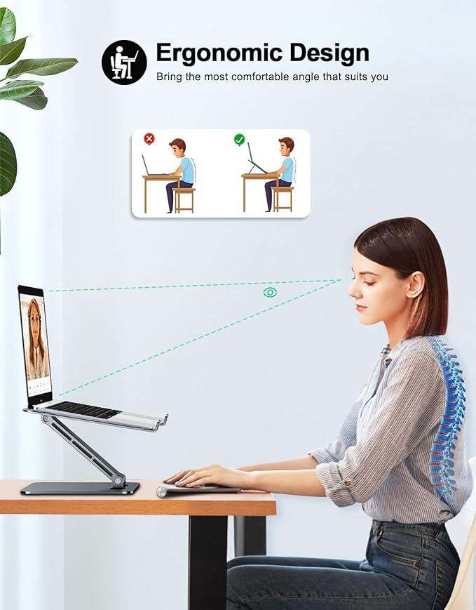 RIWUCT Foldable Aluminum Alloy Laptop Stand for Desk, Height Adjustable Ergonomic Computer Stand, Portable Laptop Riser Holder Notebook Mount Compatible with MacBook Pro Air/HP/Dell 10-16", Gray