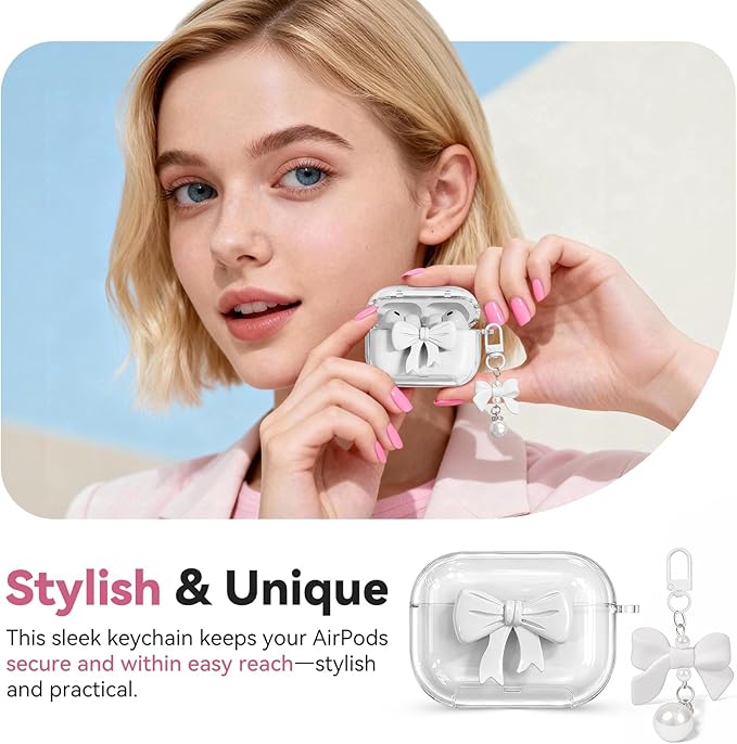 for AirPods Pro 3 Case 2025 with Safety Lock & Phone Stand, Cute Clear Pink 3D Bow Cover with Keychain & Cleaning Kit, Auto-Open TPU Protective Shell for AirPods Pro 3rd Generation Women Girls (White)