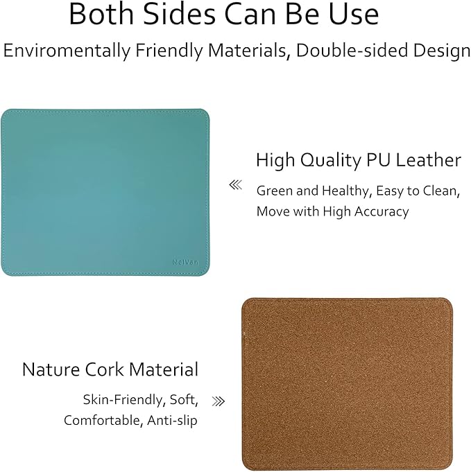 MelVan PU Leather Mouse Pad with Stitched Edge, Wood Mousepad, Waterproof Gaming Mouse Pad Mat for Computers, Laptop, Office & Home, 10.2" x 8.3", 1 Pack (Azury)