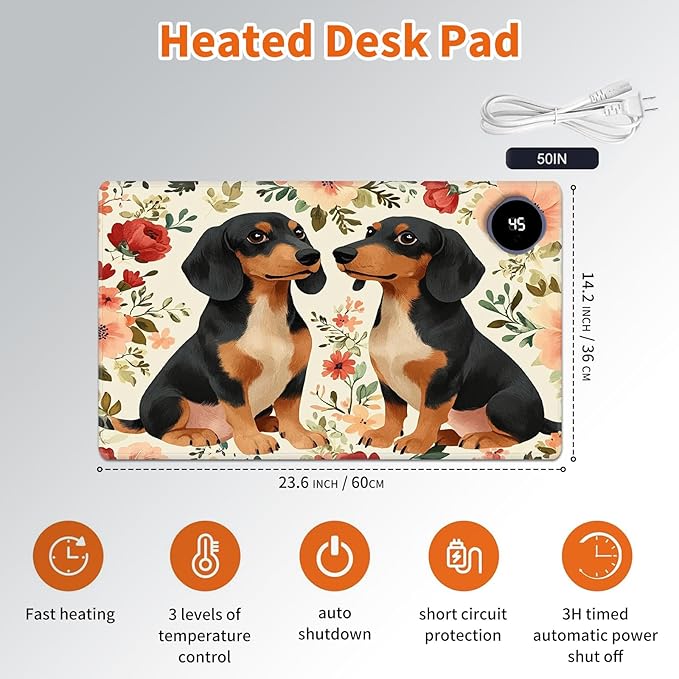 Heated Mouse Pad,Warm Desk Pad with 3 Levels Heating & 3 Hours Auto Shut-Off, PU Leather Heated Desk Pad Warmer Pad for Home Office - 23.6 x 14.2 inch,Dachshund Dog Flowers