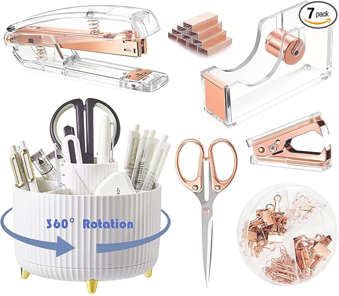 Gawsey Rose Gold Desk Organizers and Accessories Set with 360-Degree Rotating Pen Holder, Acrylic Stapler, Tape Holder, Staple Remover, Binder/Paper Clips Kit, Scissor and 1 Box of Staples
