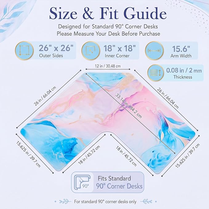 Relaxweex L Shaped Desk Mat for 90° Corner Desks, 26" x 26" Blue&Pink Waterproof Mouse Pad with 18" Inner Corner, Non-Slip Rubber Desk Protector for Office & Gaming