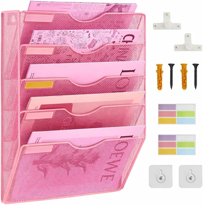 5 Pockets Mesh Wall File Holder Organizer Office Hanging File Folder Magazine Rack, Nametag Label Hooks Set Included (Pink)