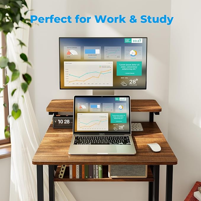 GreenForest Folding Desk with Adjustable Monitor Stand and Storage Shelf, 24.8in Small Desk with Wheels, Mobile Rolling Table for Small Spaces, Home Office, Walnut