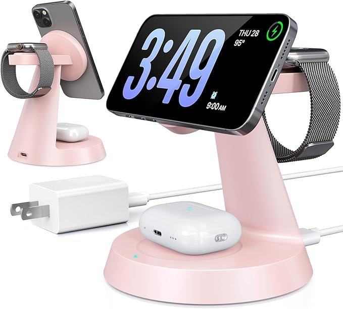 Charging Station 3 in 1 Wireless Charger for Apple Devices, 15W MagSafe Stand Compatible with iPhone 17 16 15 14 13 12 Pro Max Plus, Charging Dock for AirPods 4 3 2 & iWatch Series (Pink)