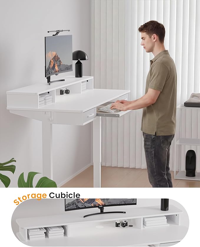 Electric Standing Desk with Keyboard Tray, 55x24 Inches Height Adjustable Stand up Desk with 2 Drawers, Ergonomic Sit to Stand Table with Storage Monitor Stand, White