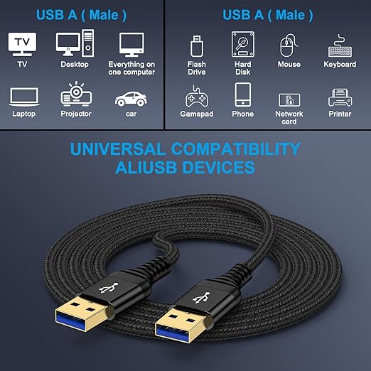 USB to USB Cable 6FT, 2 Pack USB-A to USB-A Cord Male to Male USBCable Double Side USB3.0 A to A Data Transfer Cord for Computer PC Laptop Cooler DVD Player Hard Drive Enclosures TV Hub Set Up Box