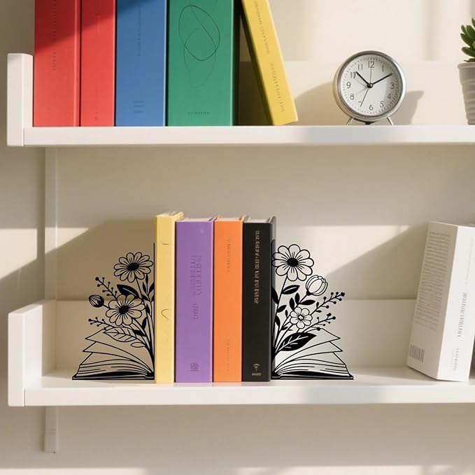 Metal Bookends Flower & Book Bookends Decorative Cute Book Ends for Shelves Bookshelf Reading Decor Bookshelf Decor Space-Saving Desk Organizer for Book Lovers Gift