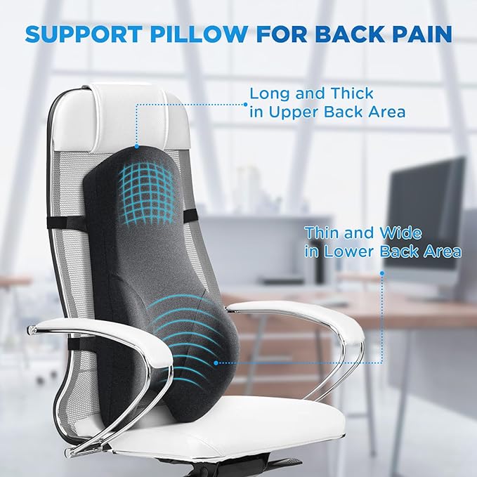 High Back Support Pillow for Office Chair Lumbar Support Pillow, Office Home Essentials- Memory Foam Fully Support Back Cushion for Desk, Gaming Chair, Promotes Posture Pain Relief Adjustable Straps