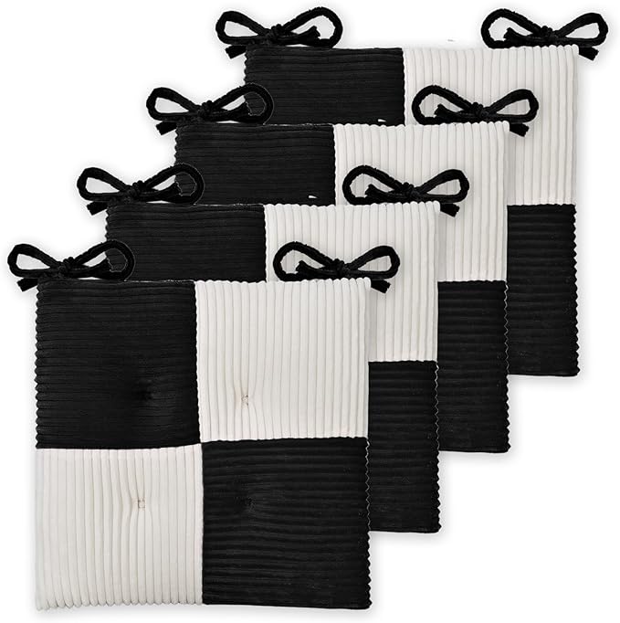 Office Stacking Chair Cushions 4 Pack, Corduroy High Density Foam Kitchen Seat Cushions with Ties, Square 17" x 17" Indoor Non-Slip Dining Chair Pads, Black+ White，4pcs